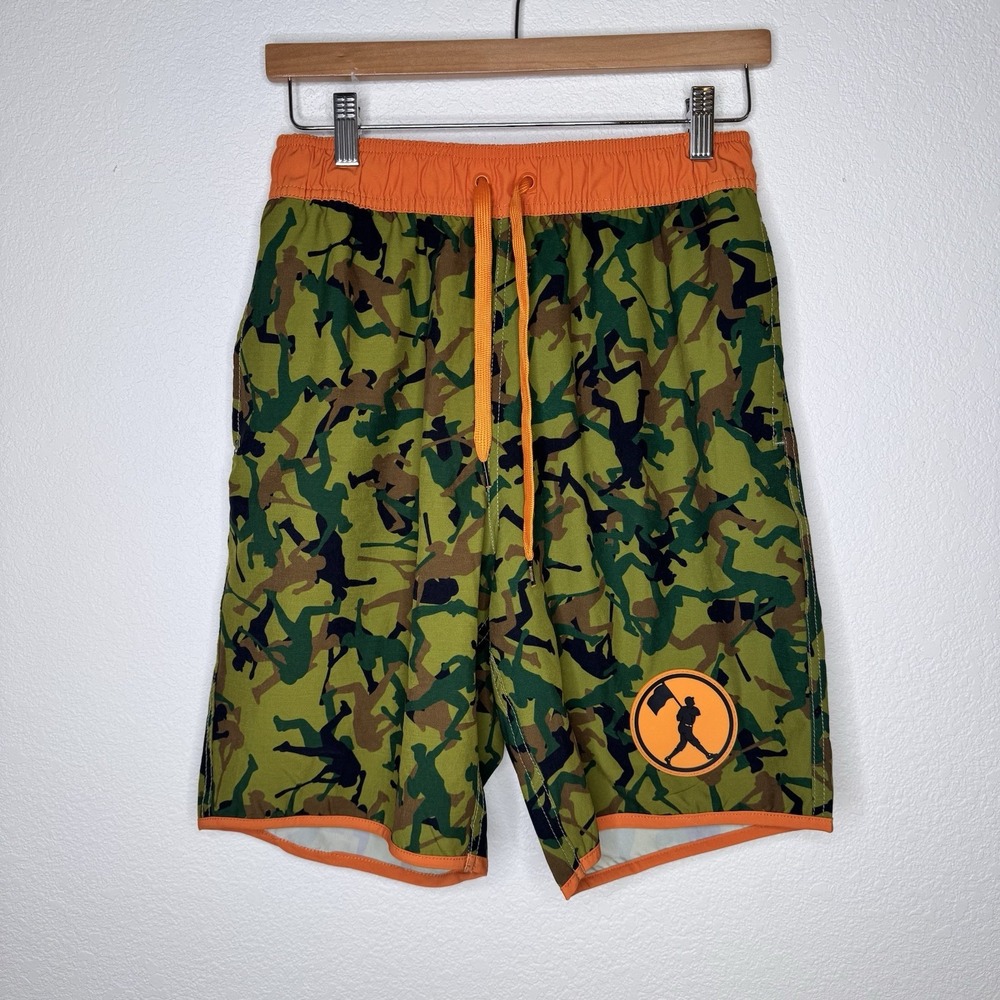 BASEBALLISM Mens Size Medium‎ Camouflage Baseball Swim Trunks Orange Trim